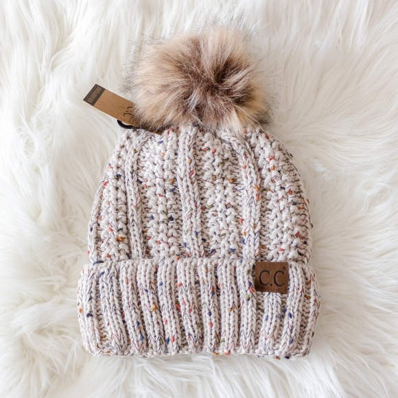 C.C Beanie Confetti Fuzzy Fur Lined Pom Hat - Picture 3 of 5